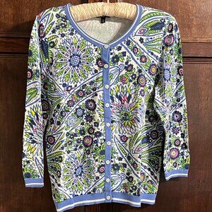 TALBOTS COTTON BLEND FLORAL CARDIGAN BRACELET SLEEVE SIZE M petite